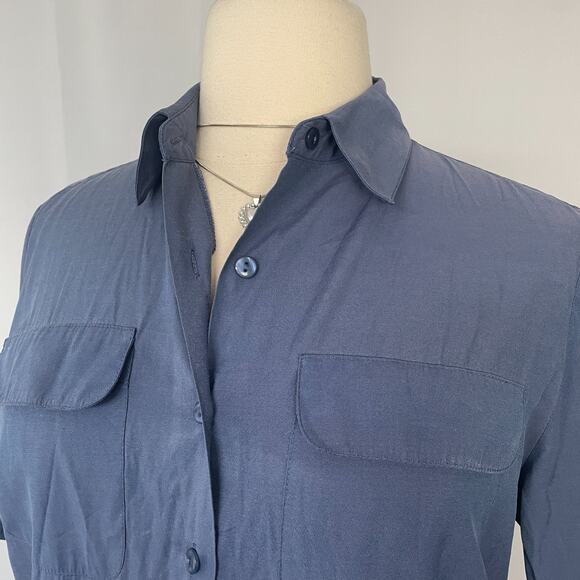 Vintage Casual Top Size XL Blue Solid Short Sleeve Button Pocket Minimal Relaxed - Picture 2 of 11